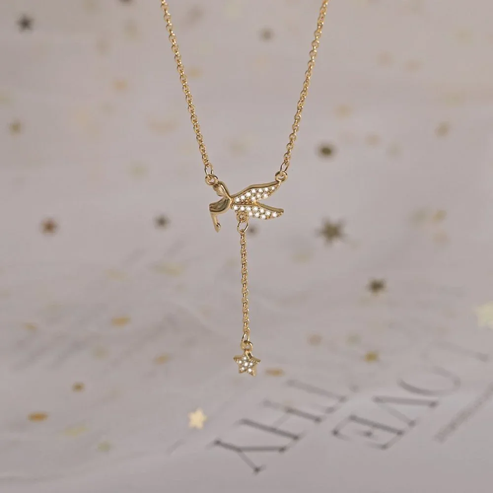 #NEW 925 Sterling Silver Diamond Angel Star Drop Necklace - Picture 2 of 4